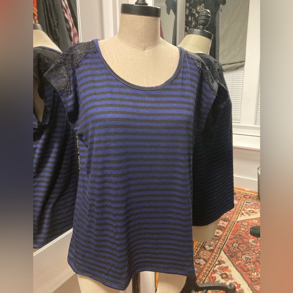 Fenn Wright Manson Black & Blue Striped Top, Cap Sleeve w/Lace Detail, Size L